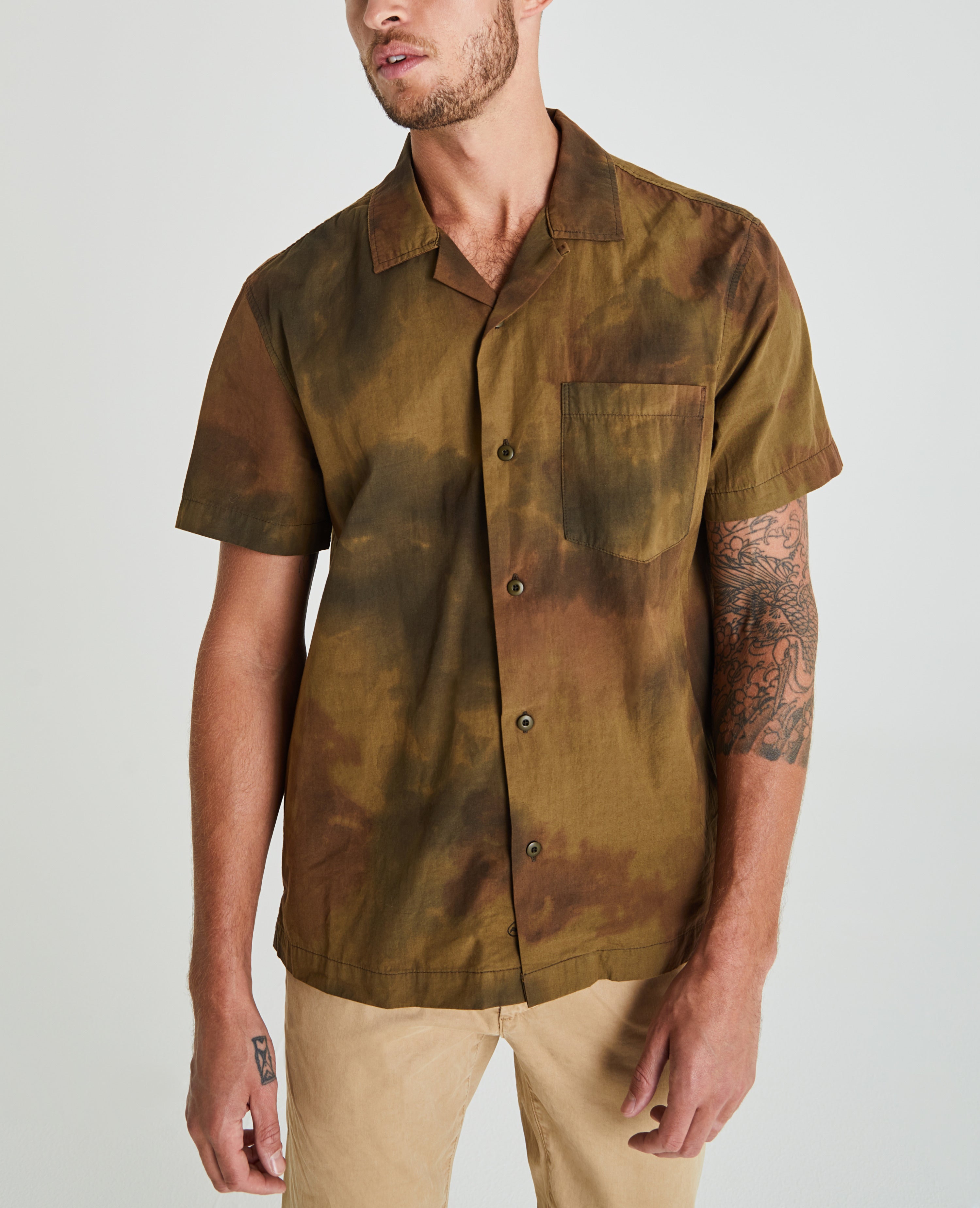 Mens Foster Short Sleeve Shirt Watercolor Camo Dried Grass