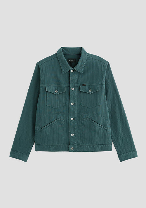 A dark teal green utility jacket with a button-up front, two buttoned chest pockets, and two lower hand-warmer pockets, displayed flat against a light gray background.