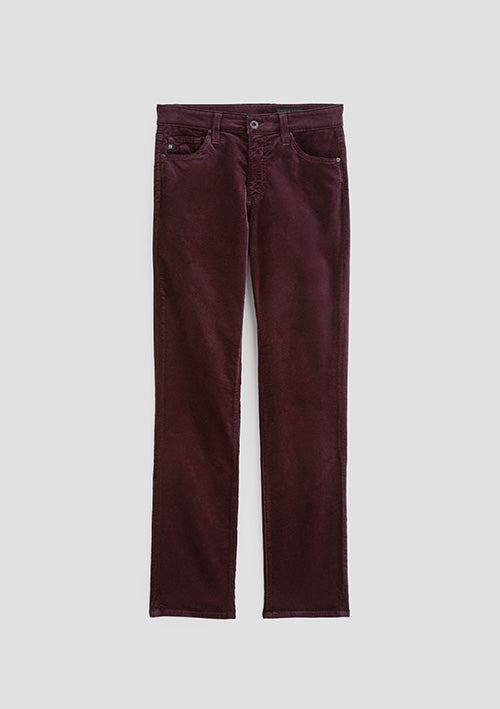 A pair of dark burgundy corduroy pants shown flat against a light gray background.