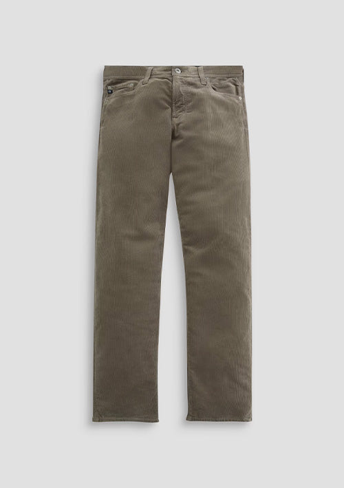 A pair of straight-leg corduroy trousers in a muted taupe-brown color, displayed flat against a light gray background.