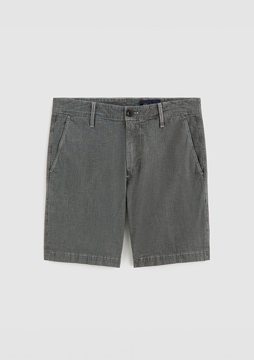 A pair of dark gray textured chino shorts with belt loops and a button closure, laid flat against a light gray background.