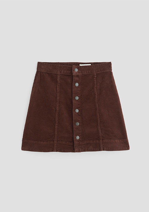 A dark brown corduroy mini skirt with a button-up front, laid flat against a light gray background.