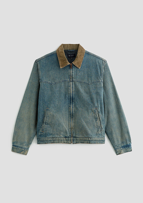 A blue denim jacket with a brown corduroy collar, displayed flat against a light gray background.