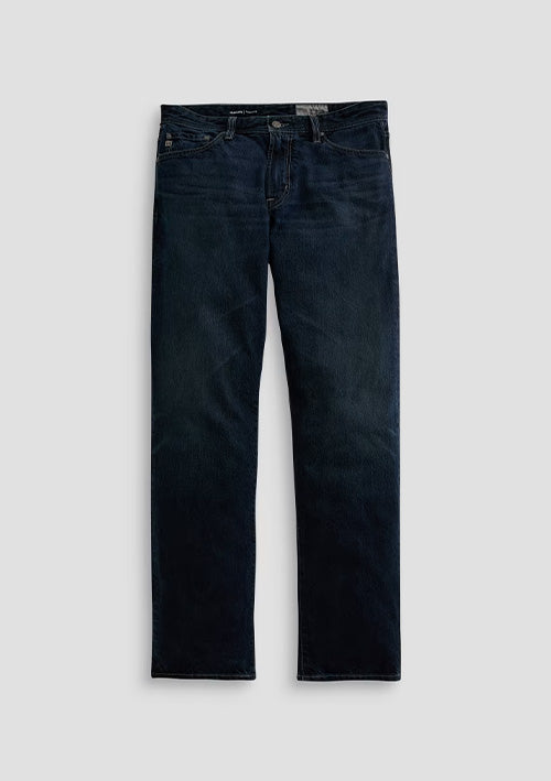 Dark navy blue straight-leg denim jeans shown flat against a light gray background.