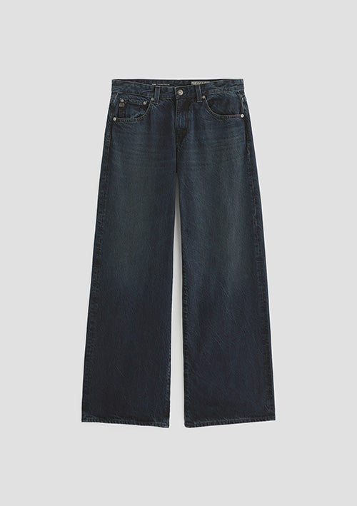 Dark wash blue denim jeans with a straight-leg fit, shown flat against a light gray background.