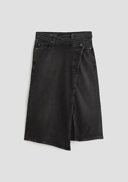 A black denim wrap midi skirt with an asymmetrical front slit, displayed flat against a light gray background.