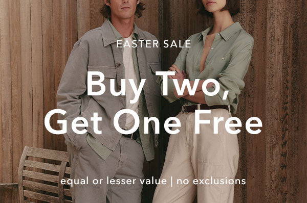 Two people standing together with text overlay for an Easter sale promotion.