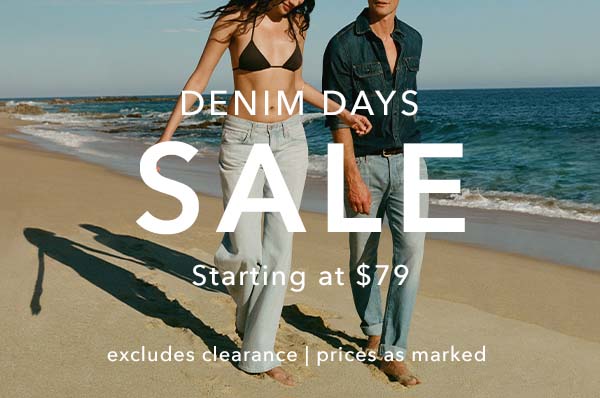Two people walking on a beach with 'Denim Days Sale' text overlay.