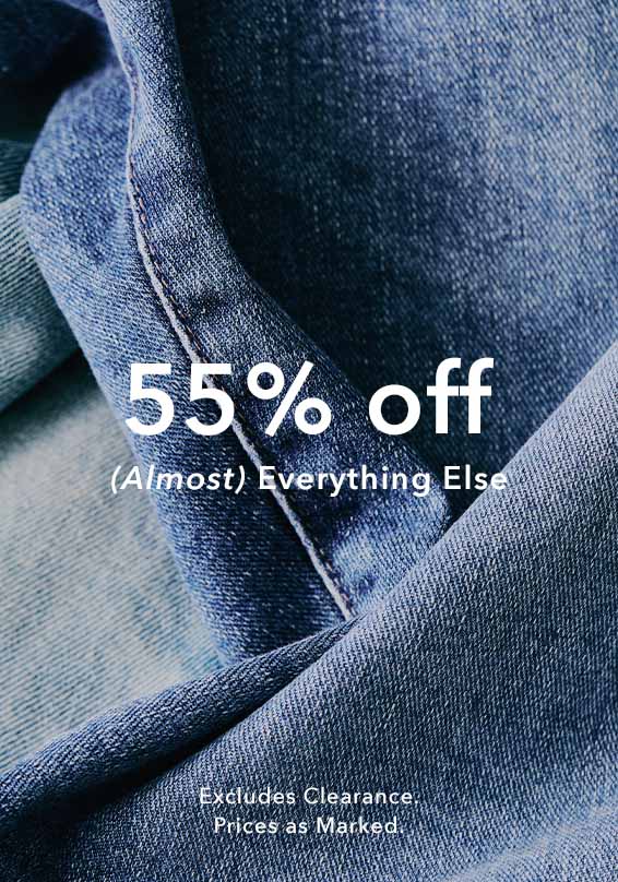 Promotional text overlay on denim fabric with '55% off' discount offer.