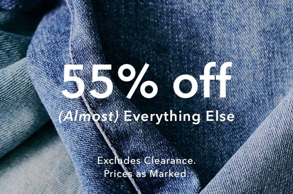 Promotional text overlay on denim fabric with '55% off' discount offer.
