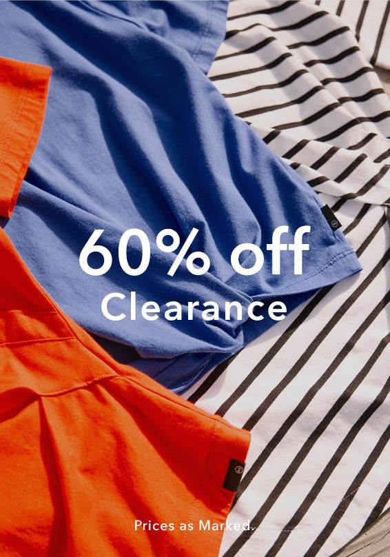 A promotional sale graphic over a flat lay of clothing, showing a blue top, an orange garment, and a black-and-white striped shirt with large white text reading '60% off Clearance' and smaller text 'Prices as Marketed.'.