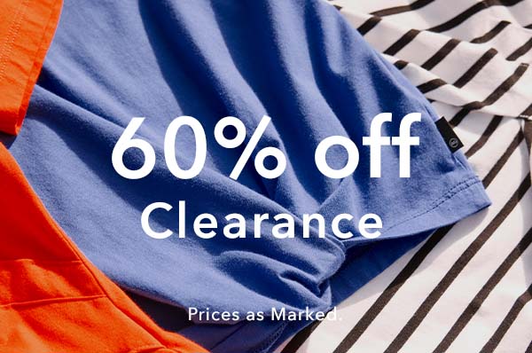A promotional sale graphic over a close-up of folded clothing, with a blue shirt in the center, a black-and-white striped garment on the right, and an orange garment on the left. Large white text reads '60% off Clearance' with smaller text 'Prices as Marked'.