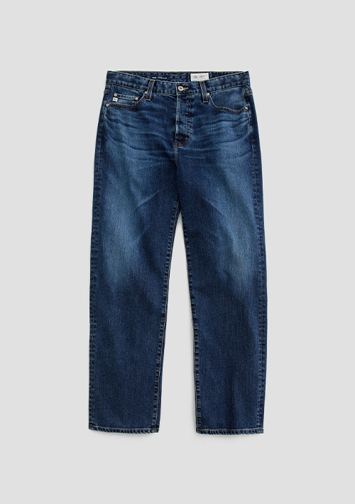 A pair of classic blue denim jeans with a straight-leg fit, shown flat against a light gray background.