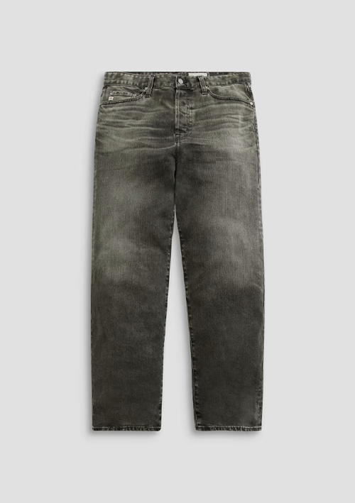 A pair of dark gray washed denim jeans shown flat against a light gray background.