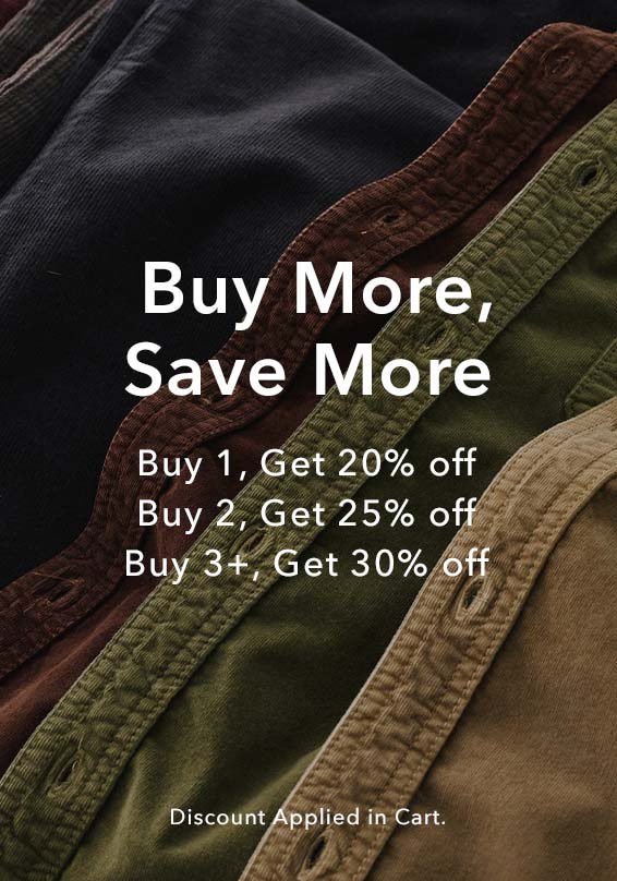 Promotional graphic showing overlapping quilted corduroy or velour fabrics in dark navy, brown, olive green, and tan, with large white text reading 'Buy More, Save More' and discount copy below.