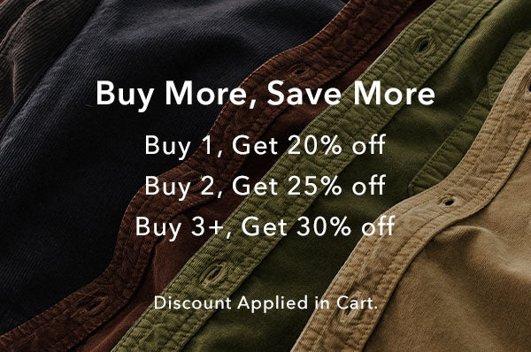 Promotional graphic showing overlapping quilted corduroy or velour fabrics in dark navy, brown, olive green, and tan, with large white text reading 'Buy More, Save More' and discount copy below.
