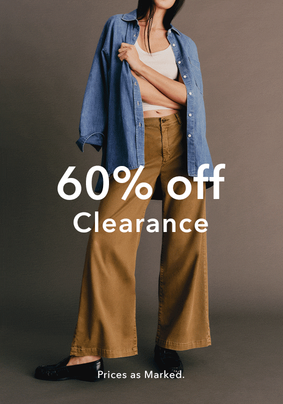 Promotional banner for a clothing clearance sale showing a man in a beige sweater and brown pants on the left, and a woman in a blue button-up shirt over a white top and tan pants on the right, with large white text reading '60% off Clearance' and smaller text 'Prices a Marked.' on a taupe background.