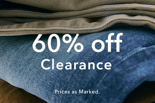 A promotional sale graphic showing folded fabric clothing in muted blue, brown, and taupe tones with large white text reading '60% off Clearance' and smaller text 'Prices as Marked.'.