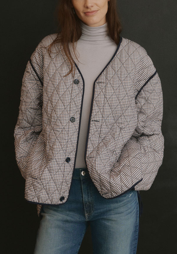 Women wearing a reversible, quilted, gingham jacket