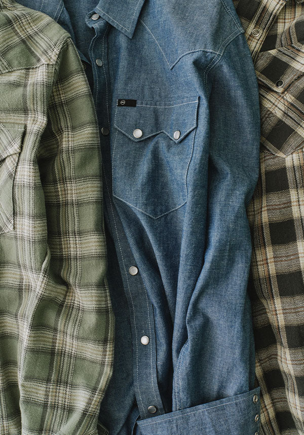 2 plaid shirts and 1 denim button-up