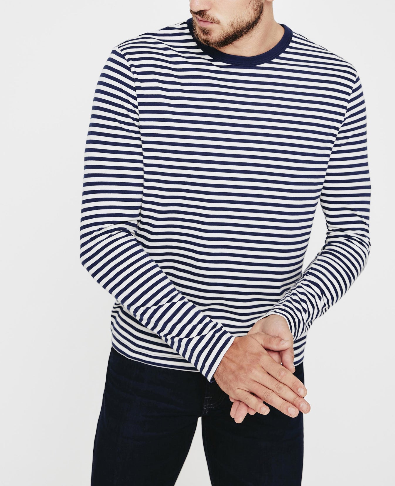 Beckham Long Sleeve Midnight Berlin/Ivory Dust Classic Fit Crew Men Tops Photo 6