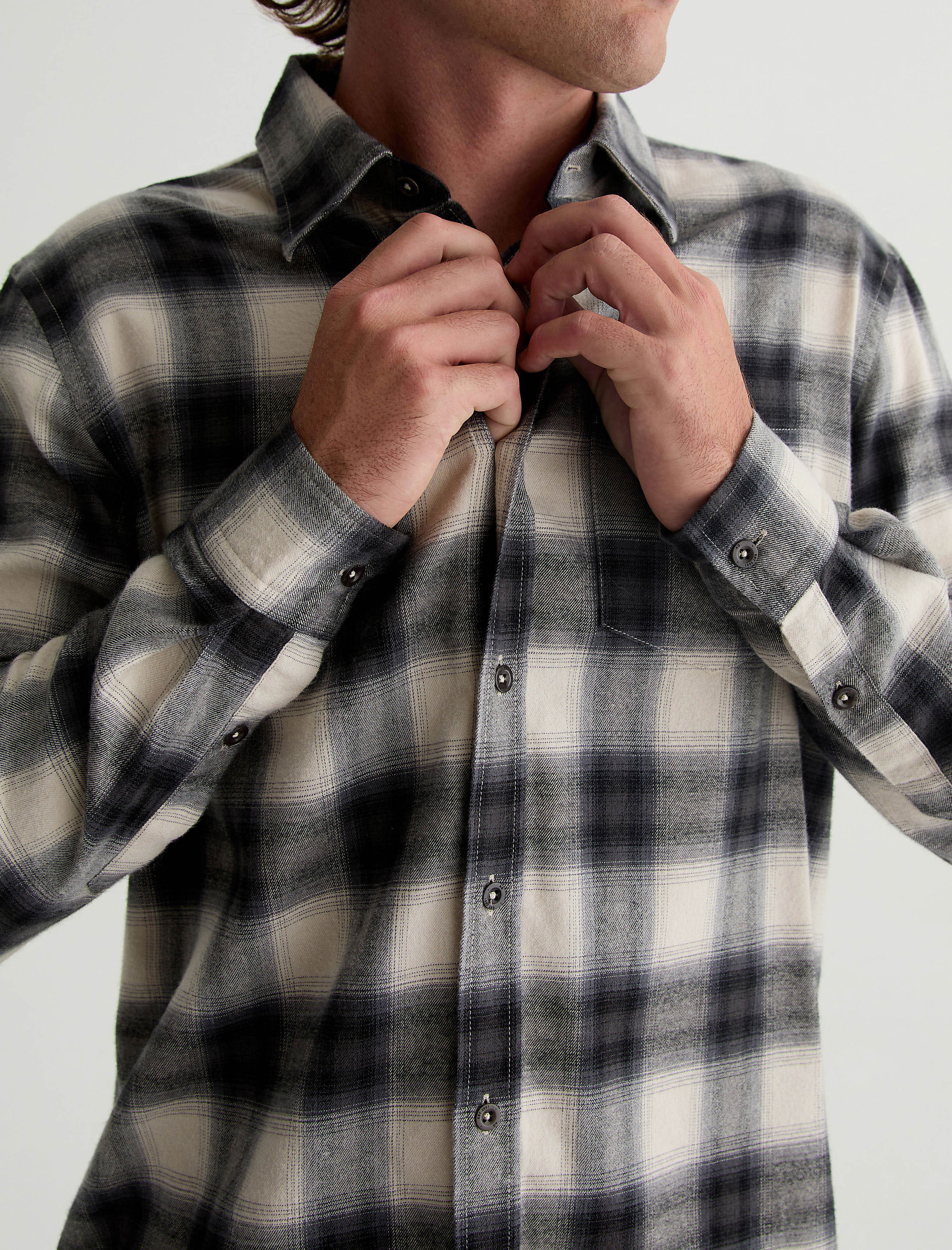 Aiden Shirt Brushed Check Plaid Light Grey Classic Fit Long Sleeve Men Top Photo 2