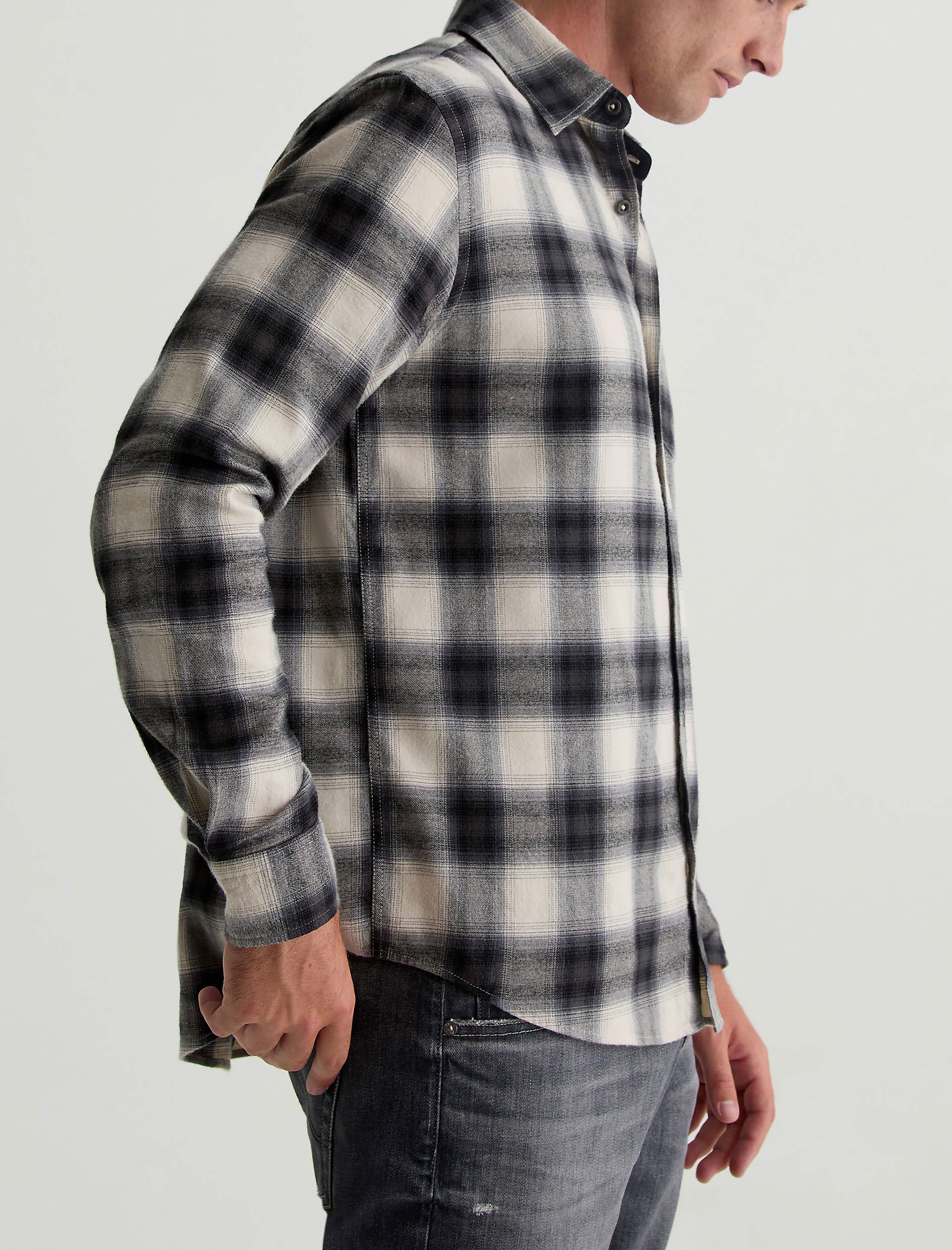 Aiden Shirt Brushed Check Plaid Light Grey Classic Fit Long Sleeve Men Top Photo 3