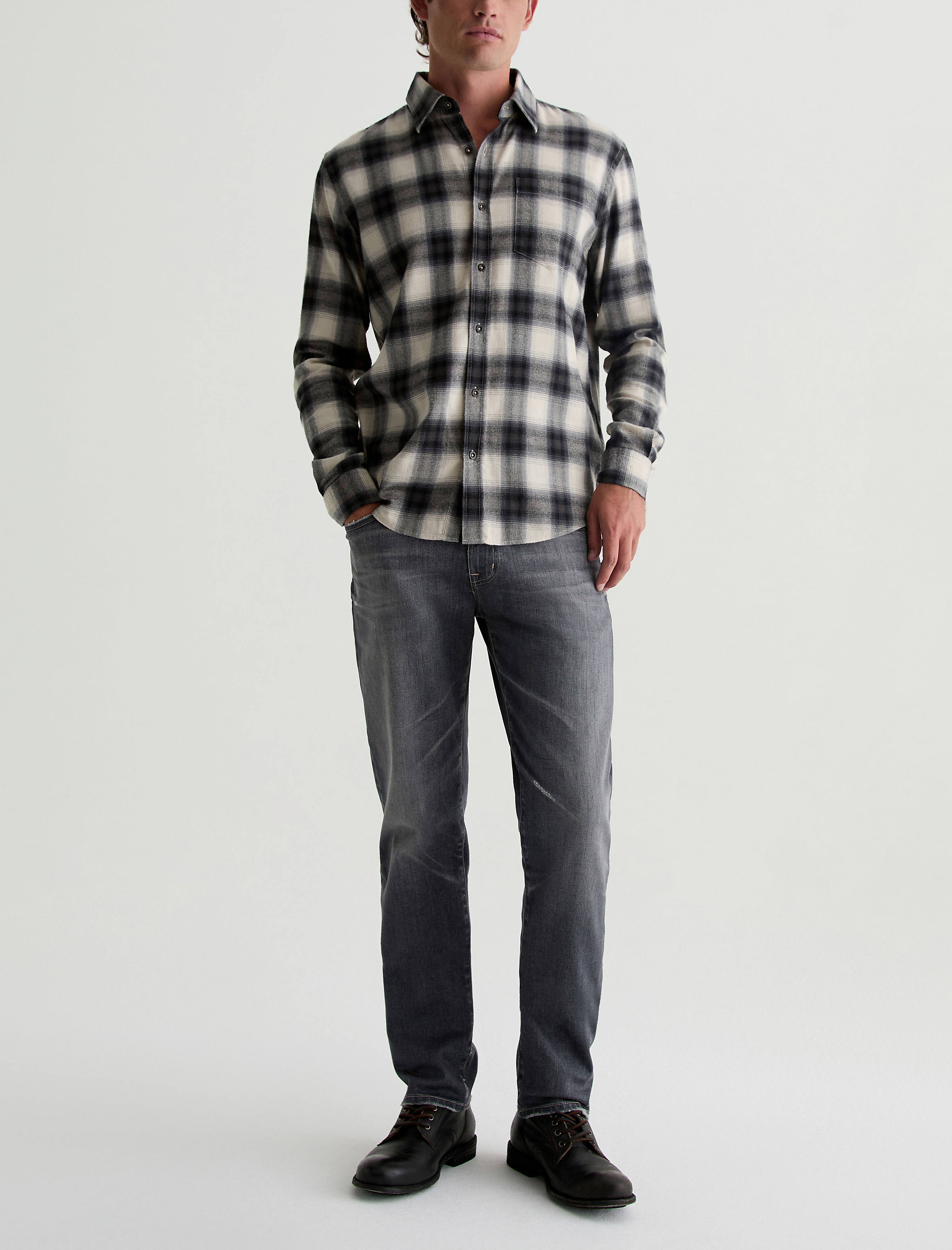 Aiden Shirt Brushed Check Plaid Light Grey Classic Fit Long Sleeve Men Top Photo 4