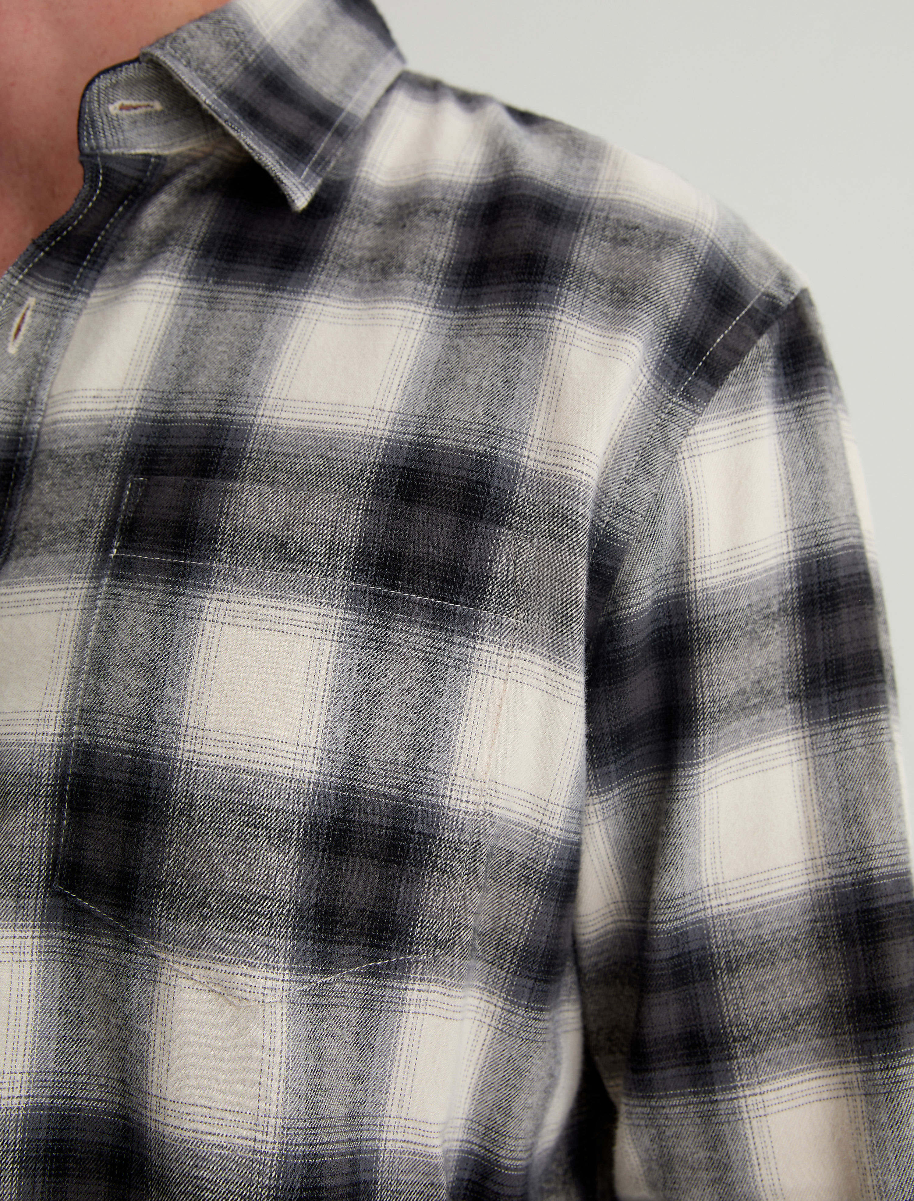 Aiden Shirt Brushed Check Plaid Light Grey Classic Fit Long Sleeve Men Top Photo 5