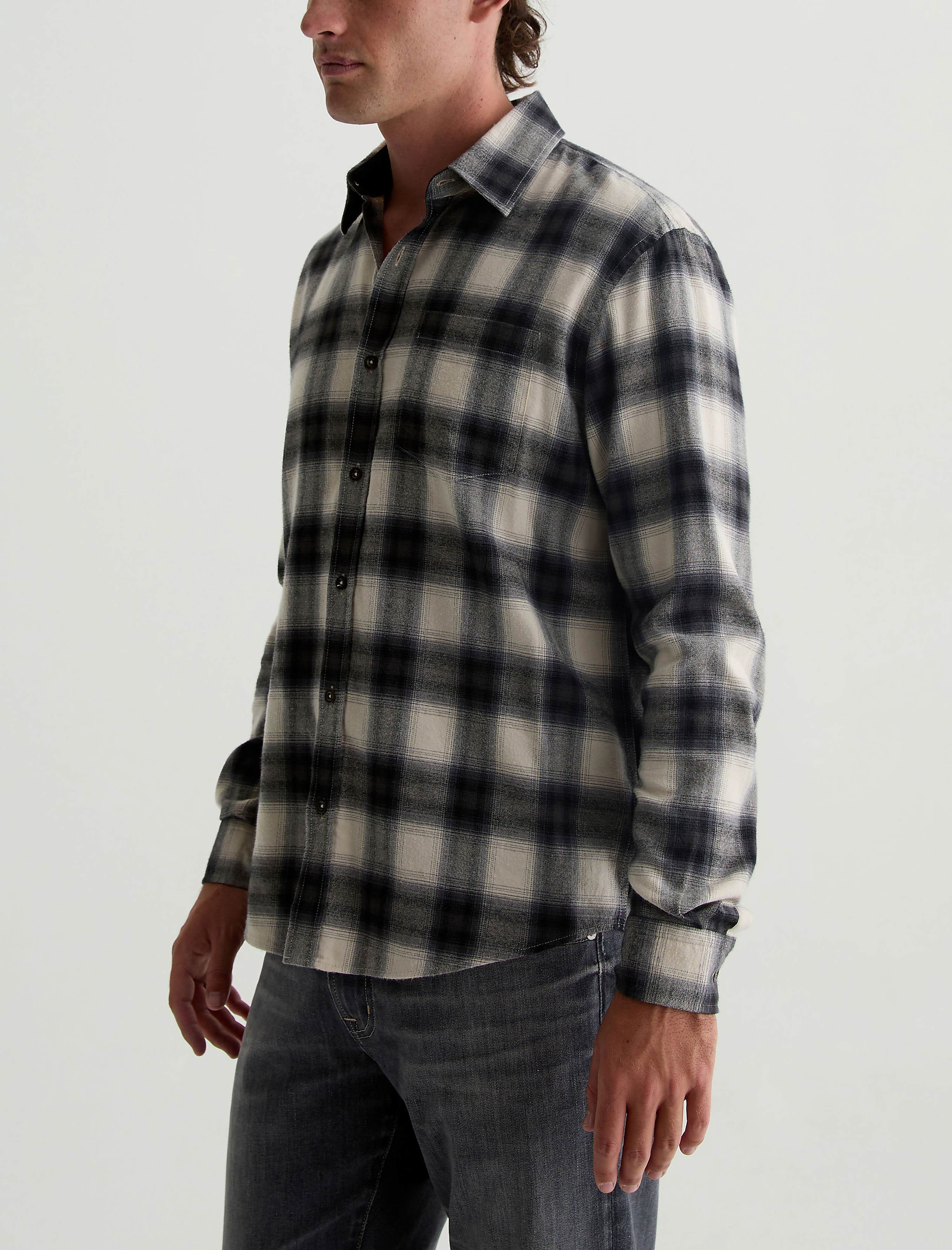 Aiden Shirt Brushed Check Plaid Light Grey Classic Fit Long Sleeve Men Top Photo 6