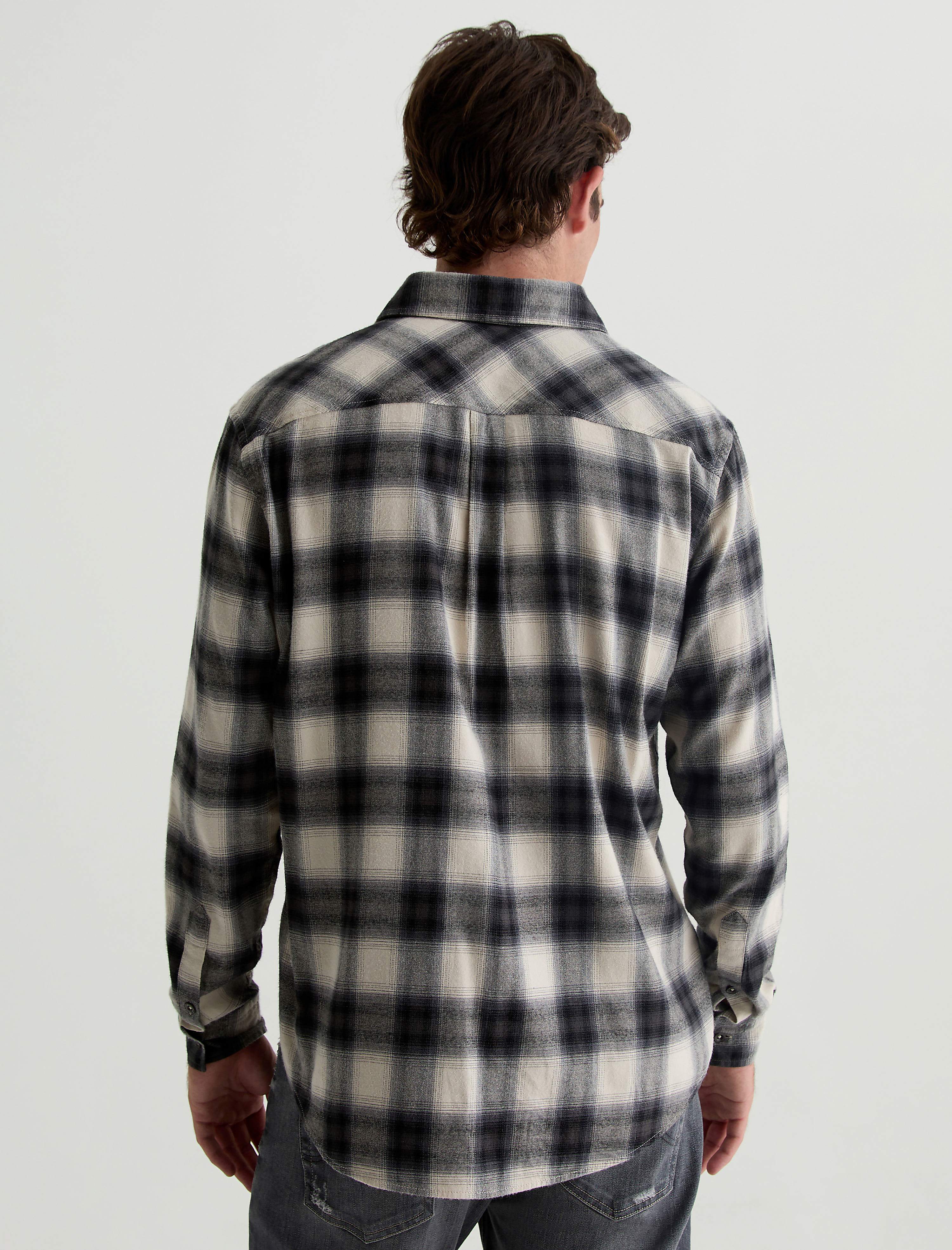 Aiden Shirt Brushed Check Plaid Light Grey Classic Fit Long Sleeve Men Top Photo 7