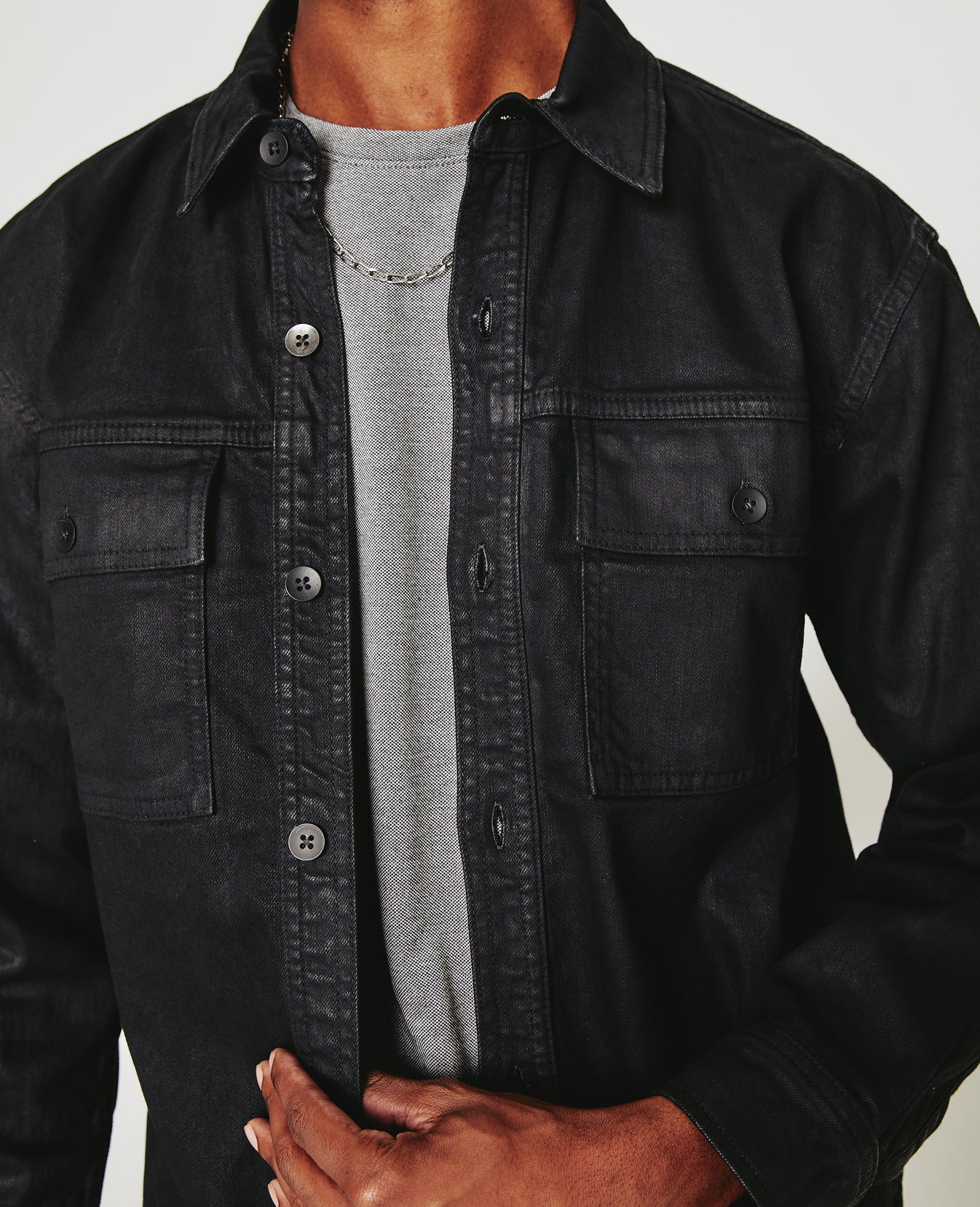 Elias Shirt Jacket Leatherette Ct Charcoal Black Mens Top Photo 3