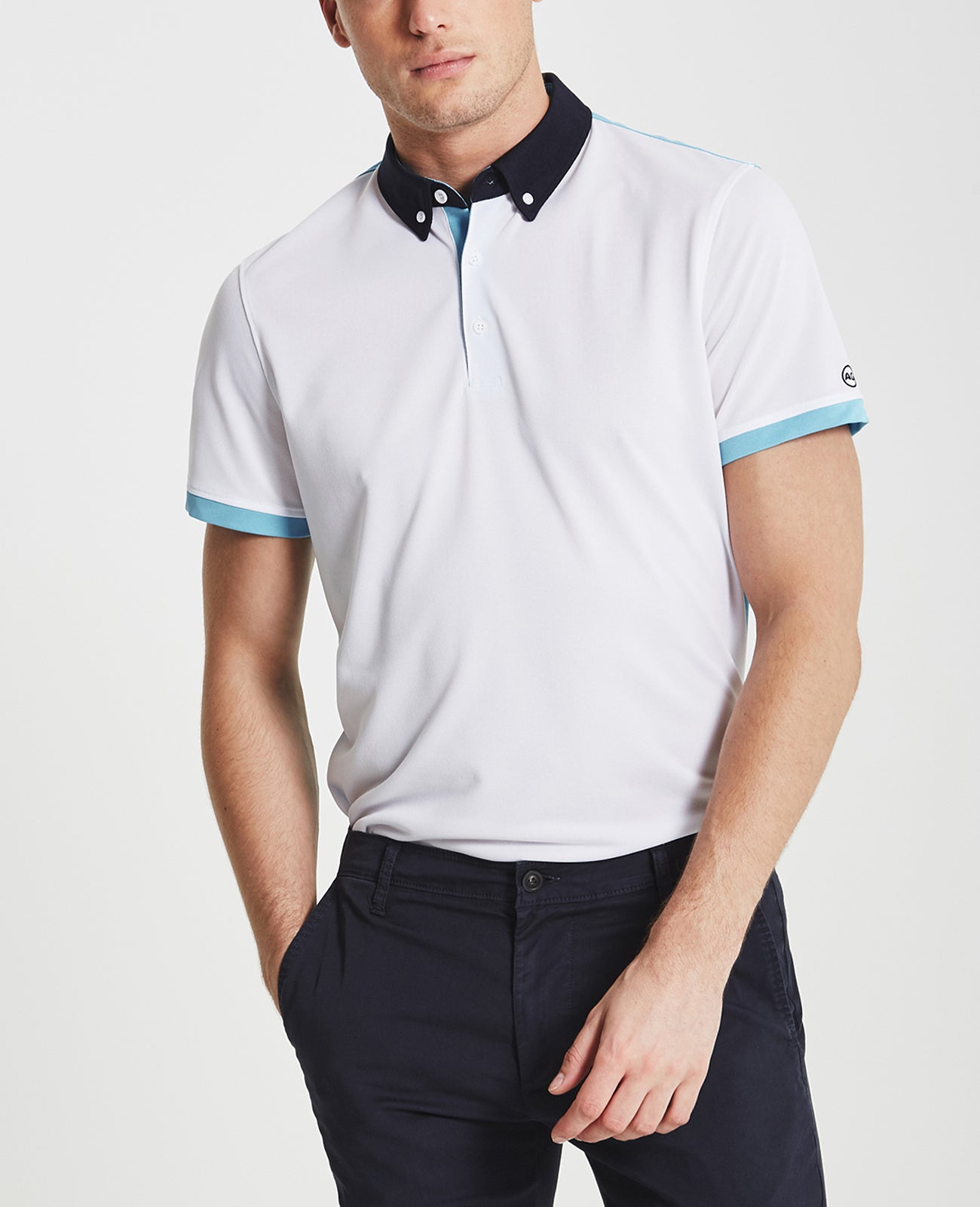 Deuce Color Block Polo Bright White/Ocean Blue/Naval Green Label Collection Men Tops Photo 1