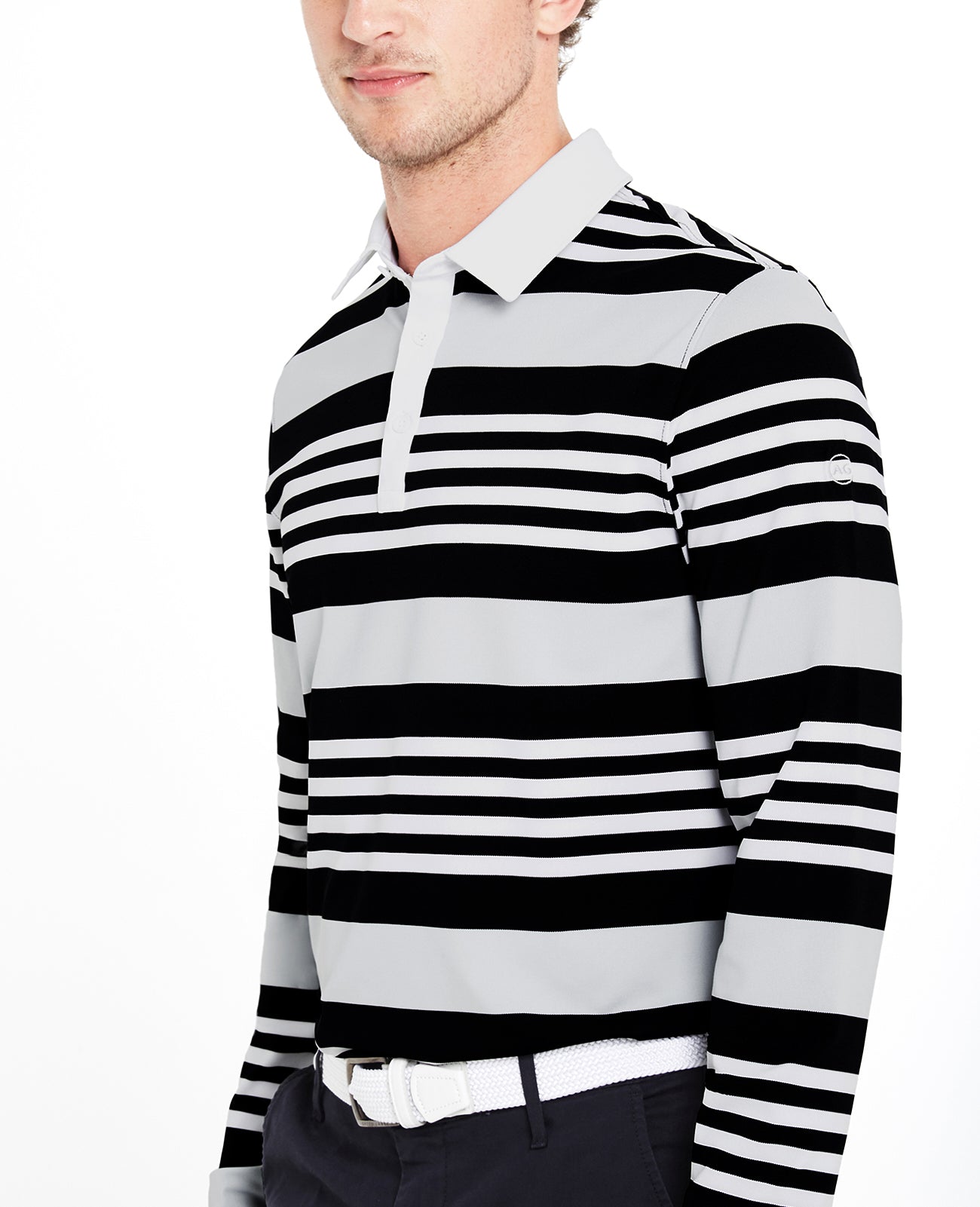 Benson Stripe Long Sleeve Polo Bright White Caviar Morning Gr Green Label Collection Men Tops Photo 1