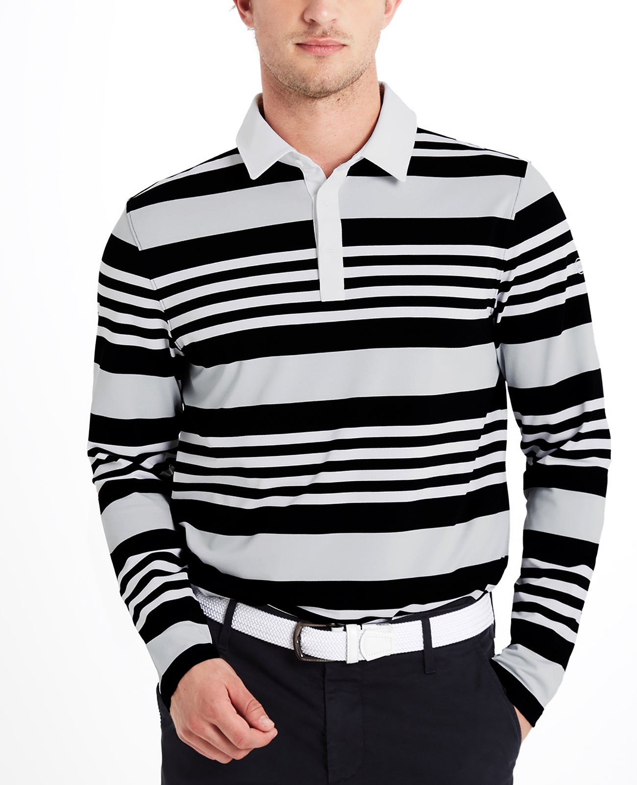 Benson Stripe Long Sleeve Polo Bright White Caviar Morning Gr Green Label Collection Men Tops Photo 2