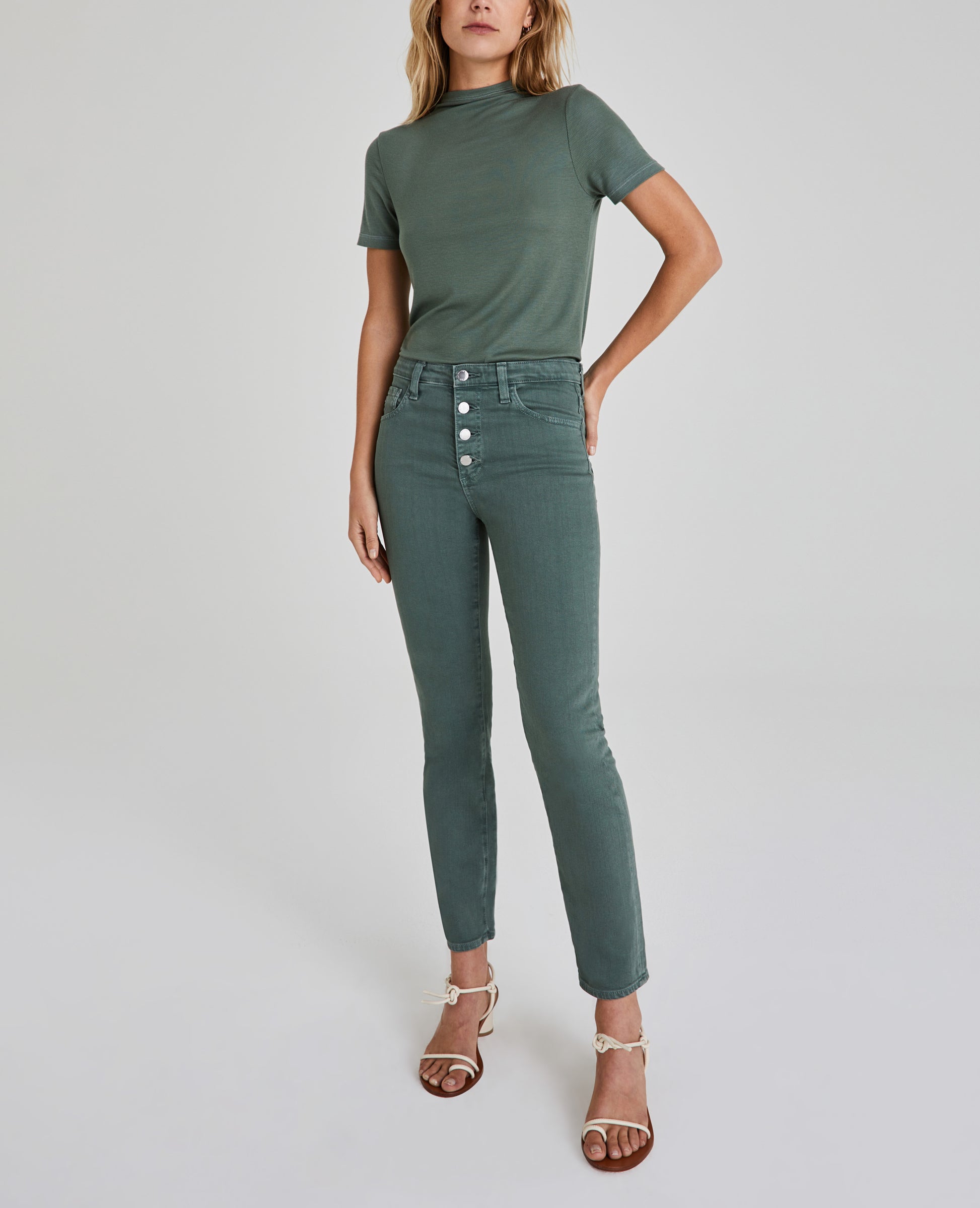 Isabelle Button-Up Sulfur Fresh Thyme Ultra High-Rise Straight Crop Women Bottoms Photo 1