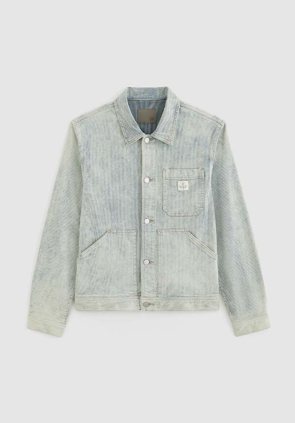 Light blue denim jacket on a light gray background
