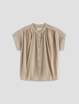Lotta Blouse Simple Taupe Short Sleeve Shirred Blouse Women Top Photo 9