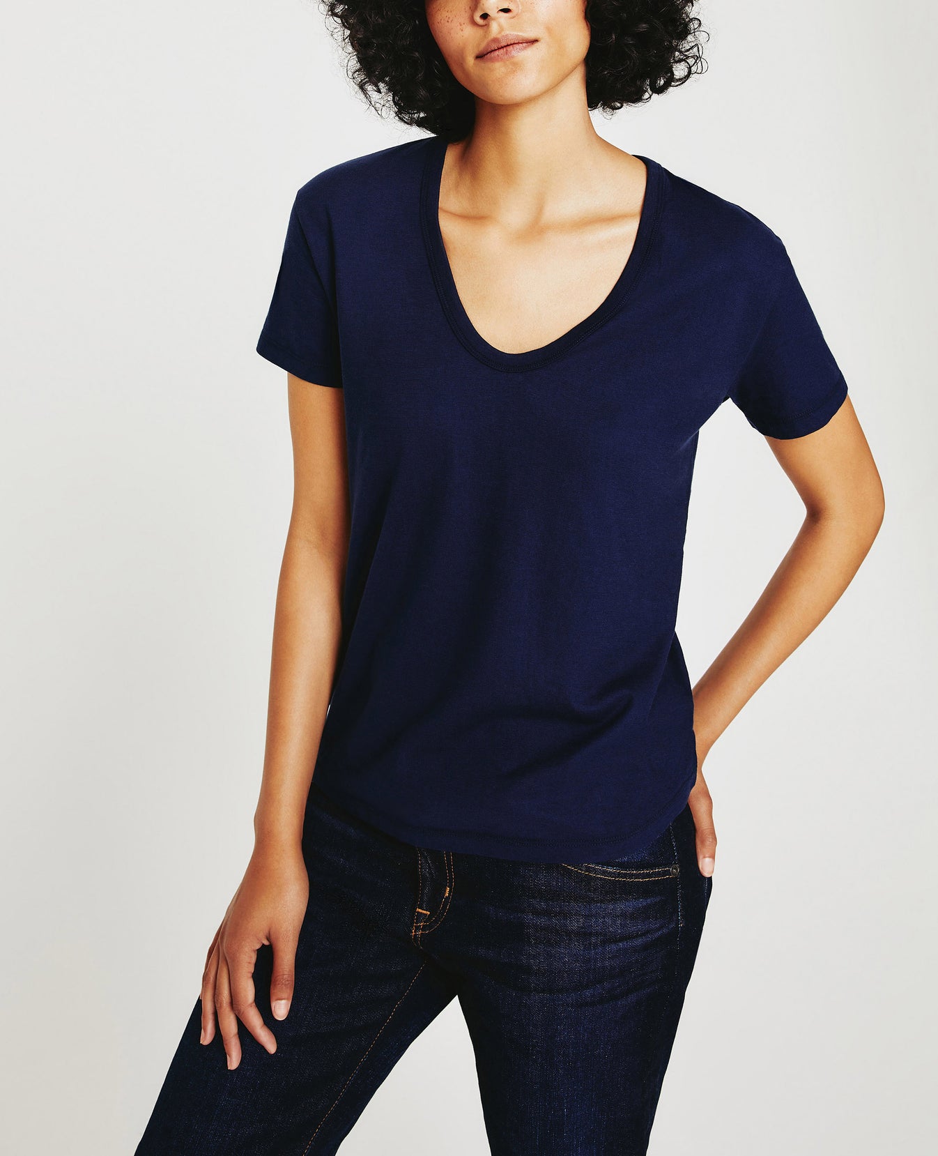 Aspen U Deep Navy Relaxed U Neck T-Shirt Women Top Photo 1