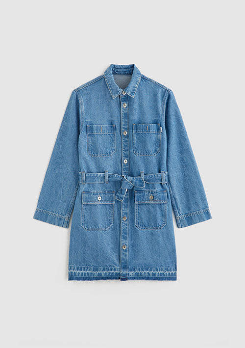 A light blue denim shirt dress with a button-down front, collar, chest pockets, and a matching waist tie, shown flat on a light gray background.