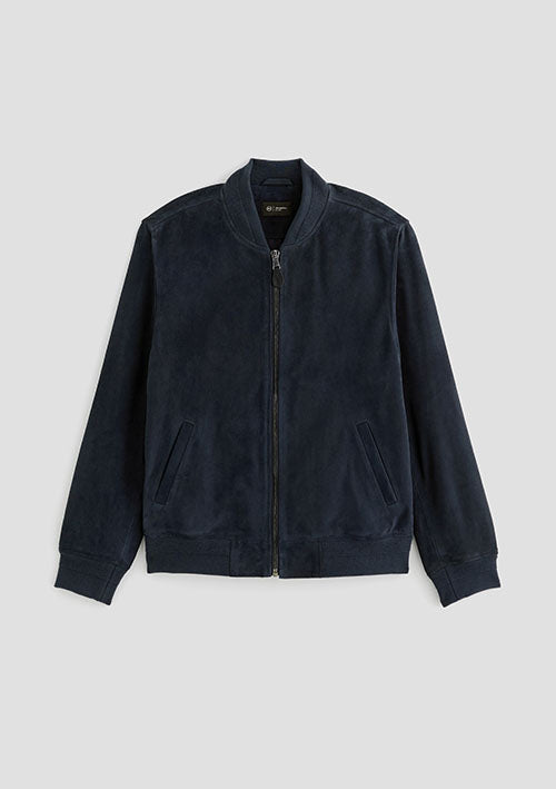 A dark navy blue zip-up jacket with a ribbed collar, cuffs, and hem, displayed flat against a light gray background.