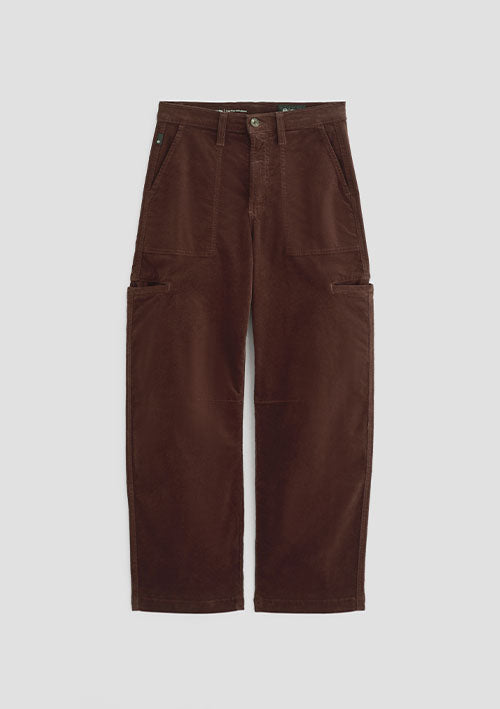 A pair of dark brown corduroy cargo pants with a button closure and side pockets, displayed flat against a light gray background.