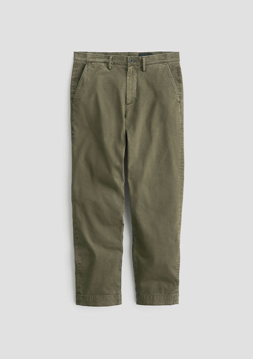A pair of olive green chino pants shown flat against a light gray background.