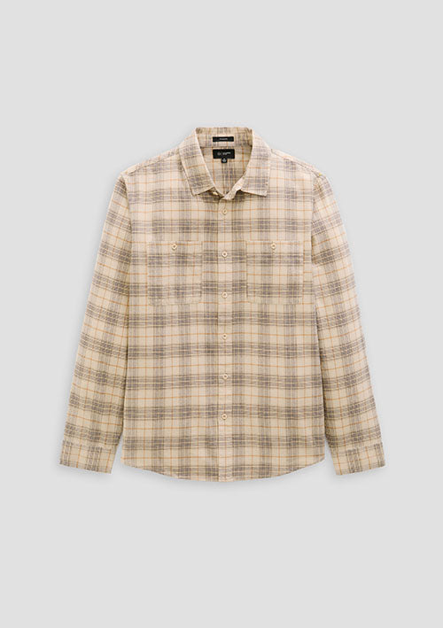 A long-sleeve plaid button-up shirt in beige and brown tones, displayed flat against a light gray background.
