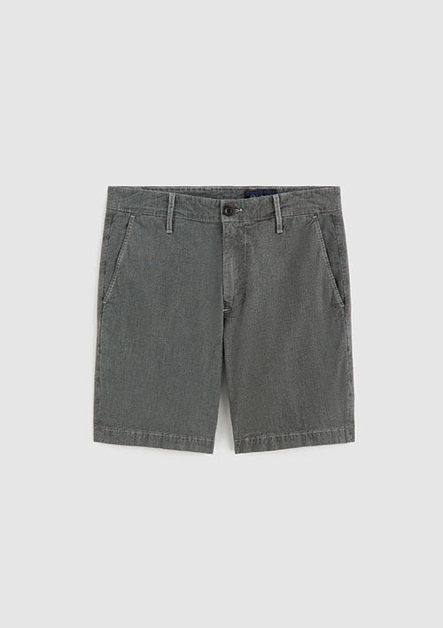 A pair of dark gray denim shorts with belt loops, a button closure, and side pockets, displayed flat against a light gray background.