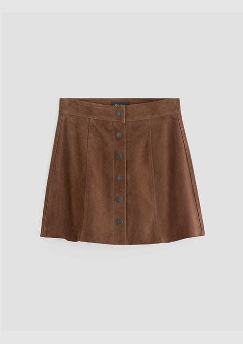 A brown suede mini skirt with a button-up front, displayed flat against a light gray background.