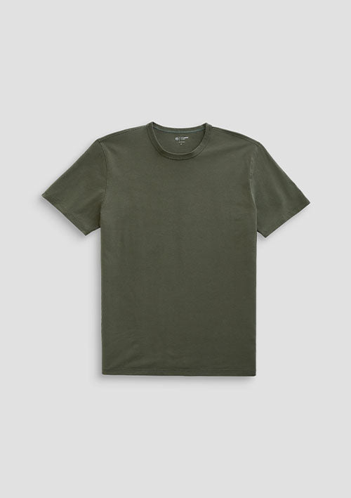 An olive green short-sleeve crewneck t-shirt displayed flat against a light gray background.