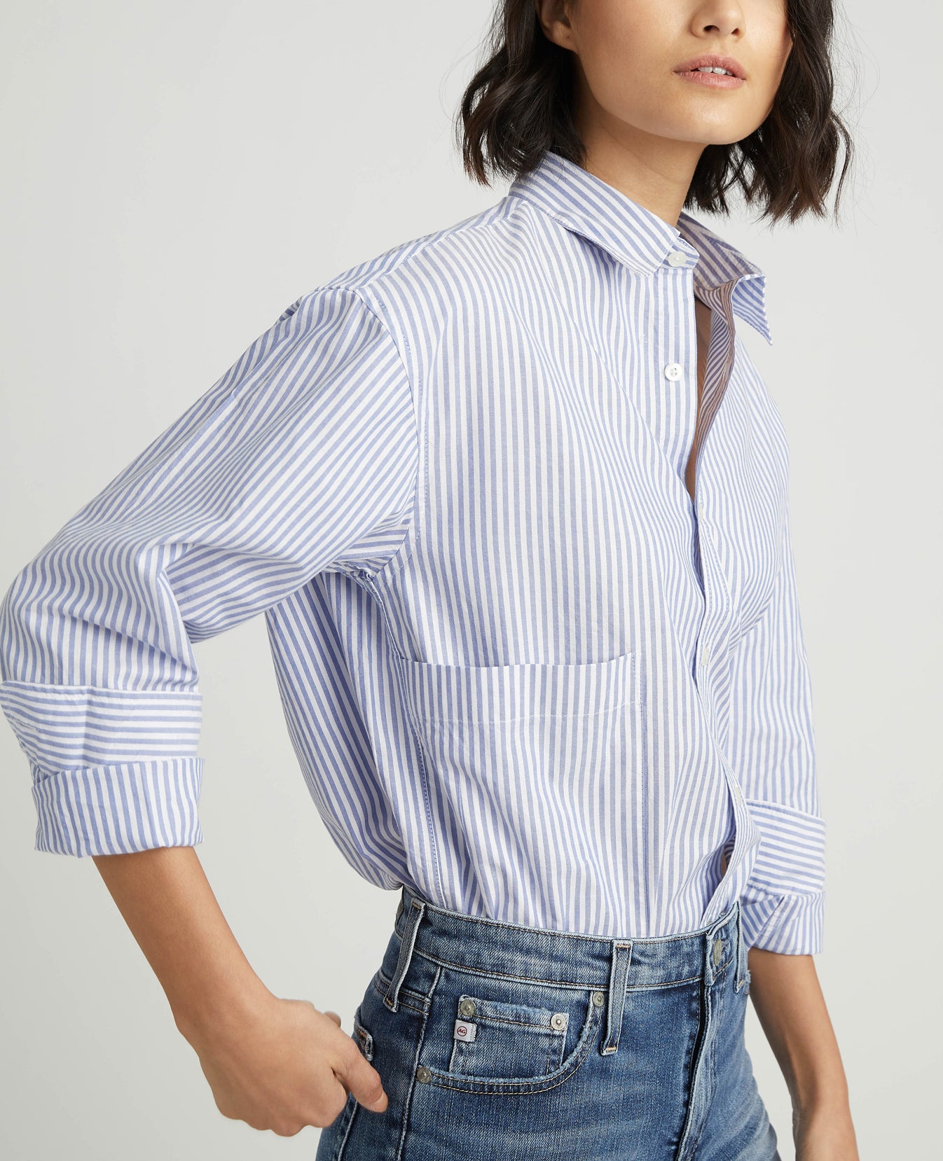 Shiro Shirt True White/Sky Blue Oversized Pocket Shirt Women Tops Photo 1