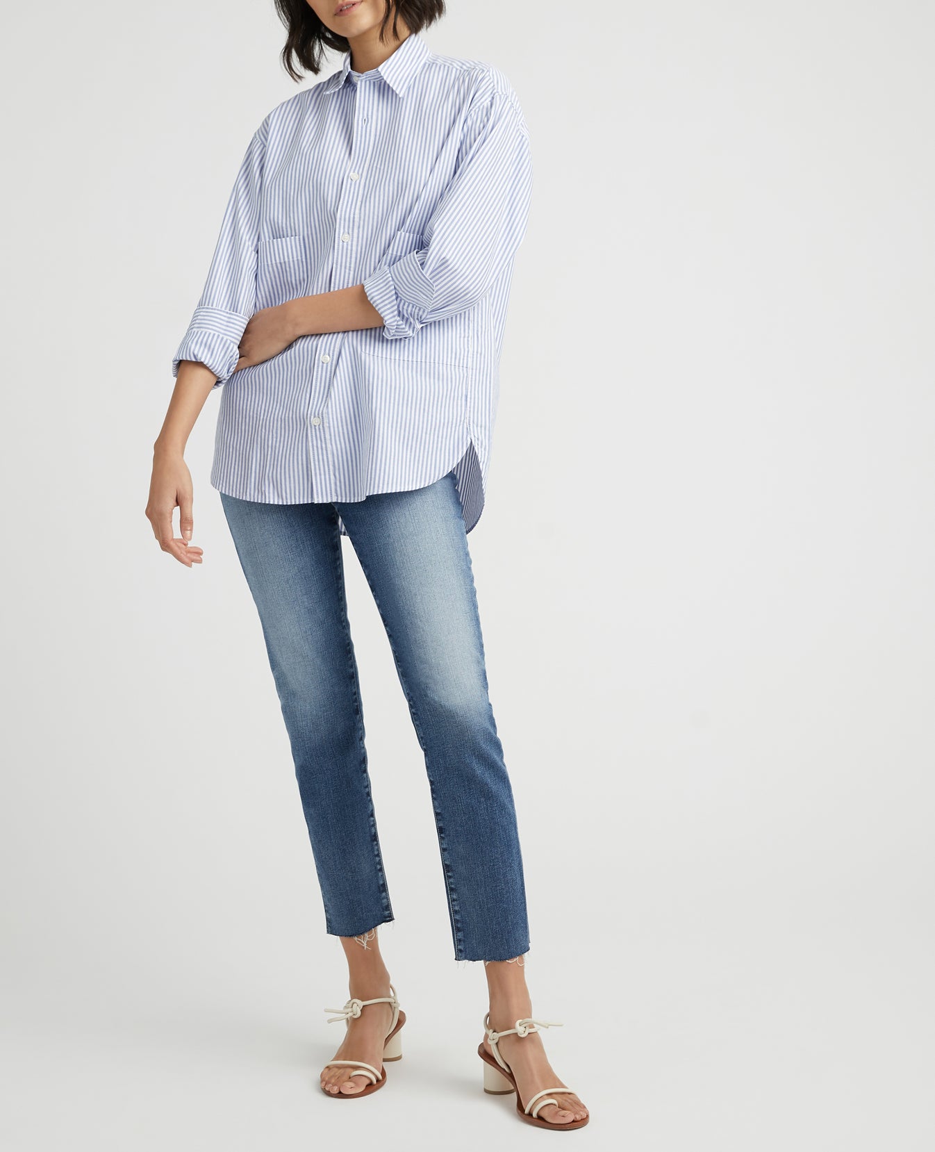 Shiro Shirt True White/Sky Blue Oversized Pocket Shirt Women Tops Photo 4