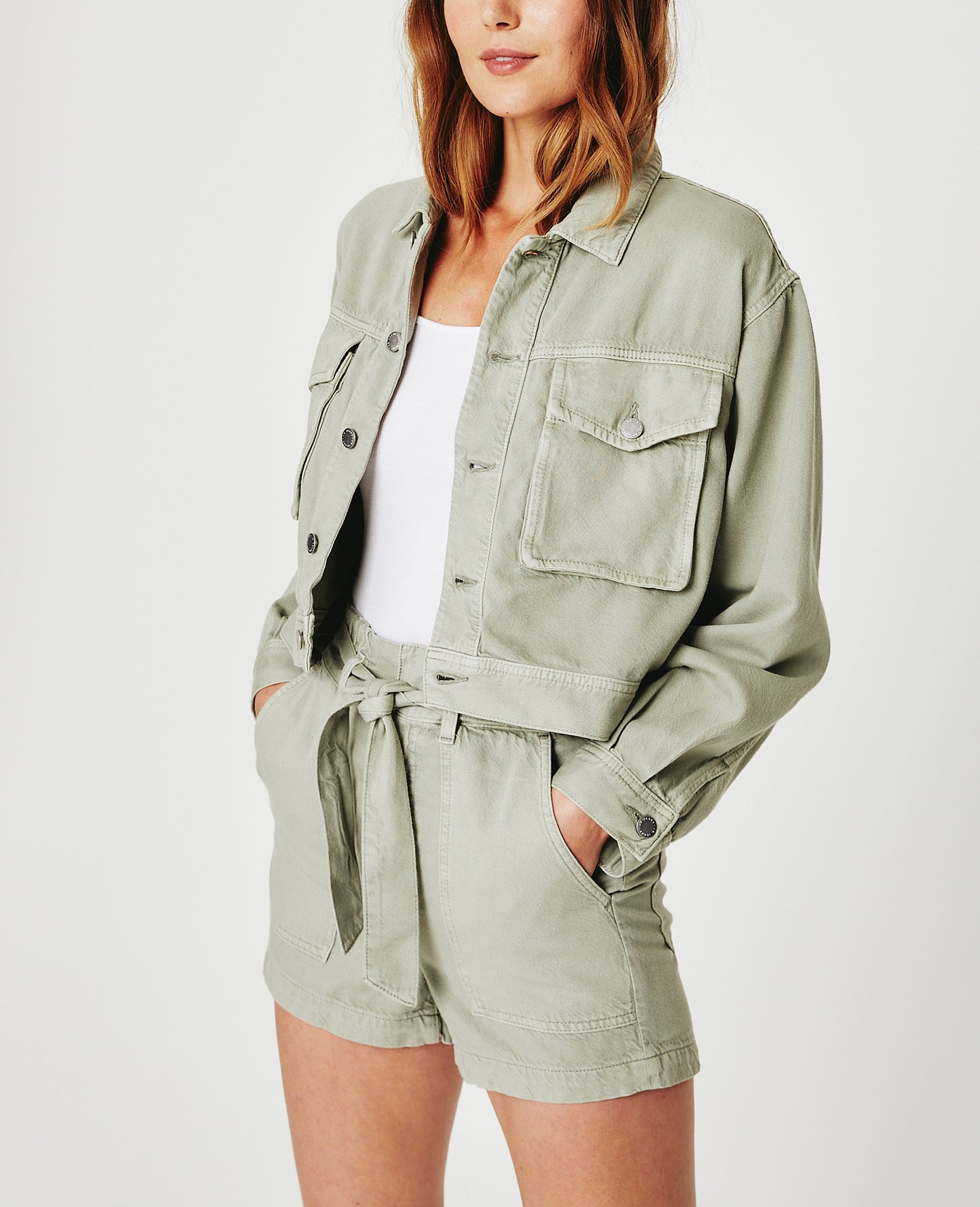 Mirah Cropped Trucker Jacket Sulfur Natural Agave Cropped Trucker Jacket Women Tops Photo 1